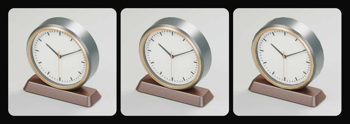 Meridian desk clock in its three geometry profiles: Studio, Realtime and Low-poly, left to right