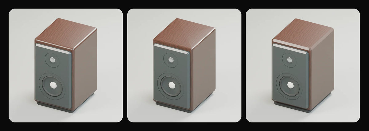 Nearfield desktop speaker in its three geometry profiles: Studio, Realtime and Low-poly, left to right