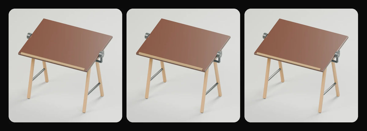 Axis drafting table in its three geometry profiles: Studio, Realtime and Low-poly, left to right