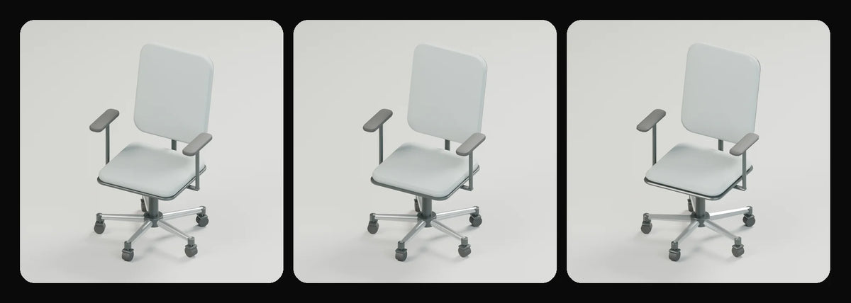 Contour task chair in its three geometry profiles: Studio, Realtime and Low-poly, left to right