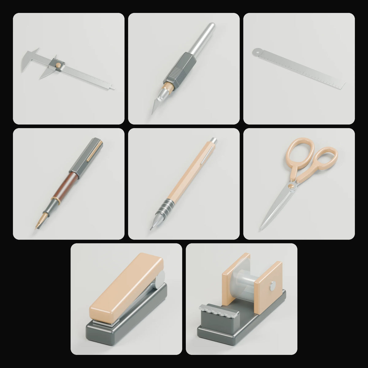 Desk Tools Kit: studio renders of the 8 included assets