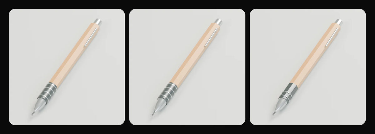 Point mechanical pencil in its three geometry profiles: Studio, Realtime and Low-poly, left to right