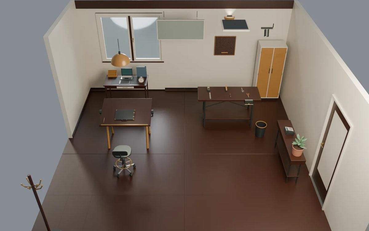 Compact Studio scene from Atelier Workspaces, overview from above (render of the delivered scene)