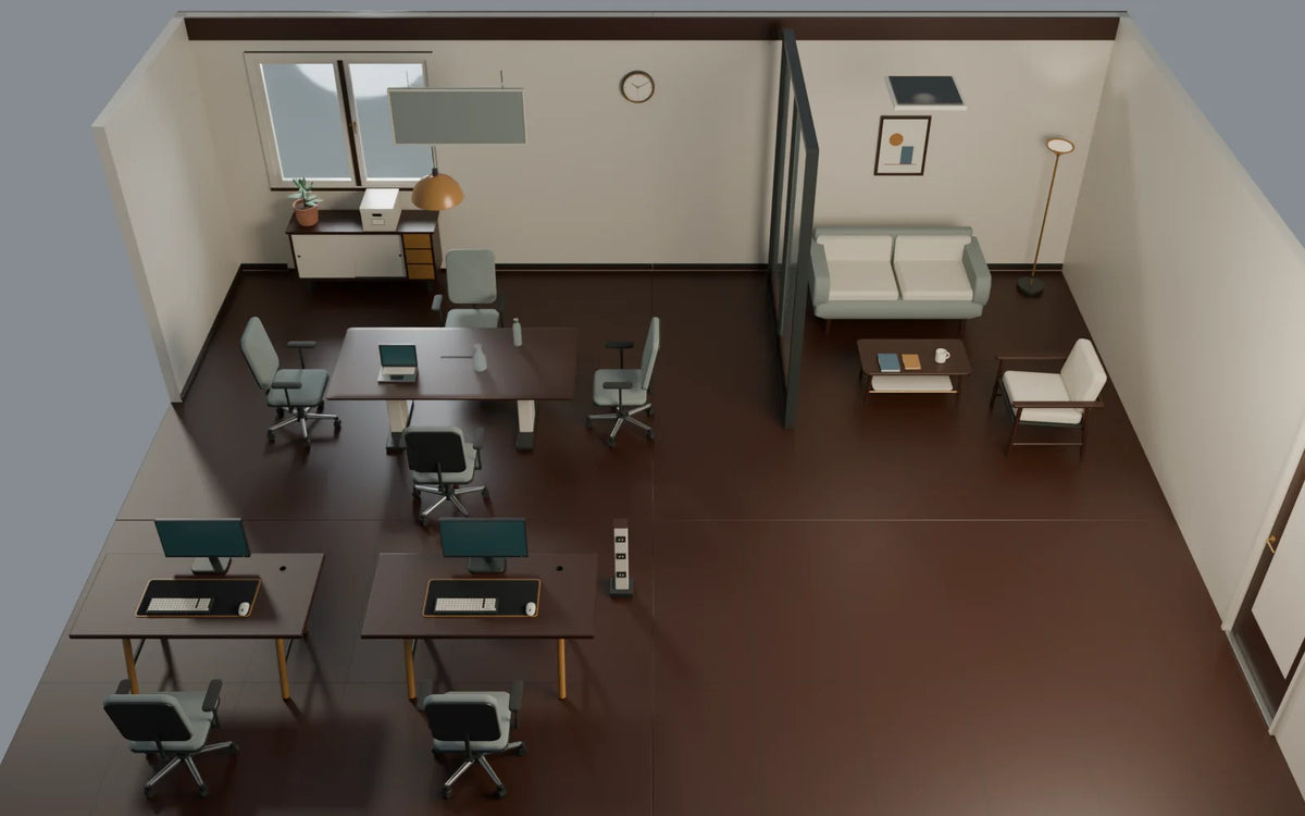 Open Workspace scene from Atelier Workspaces, overview from above (render of the delivered scene)
