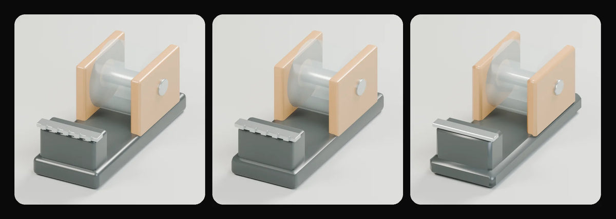 Seal tape dispenser in its three geometry profiles: Studio, Realtime and Low-poly, left to right