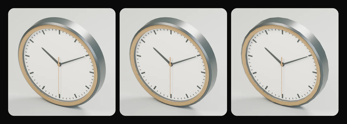 Orbit wall clock in its three geometry profiles: Studio, Realtime and Low-poly, left to right