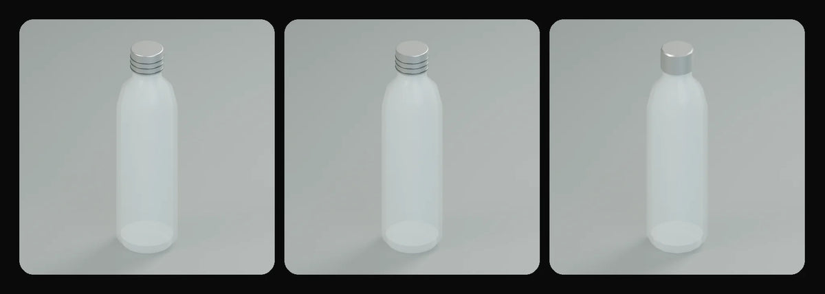 Clear water bottle in its three geometry profiles: Studio, Realtime and Low-poly, left to right