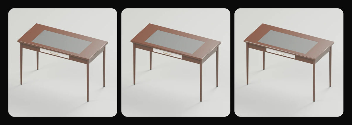 Ledger writing desk in its three geometry profiles: Studio, Realtime and Low-poly, left to right