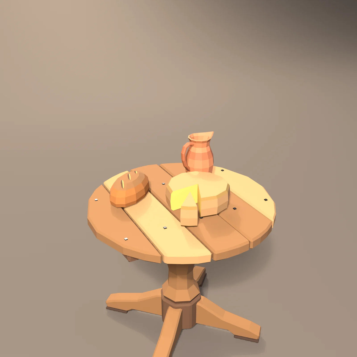 Cut cheese wheel in a Hearth & Hollow setting with the crusty bread loaf, clay pitcher and round pedestal table (sold separately)