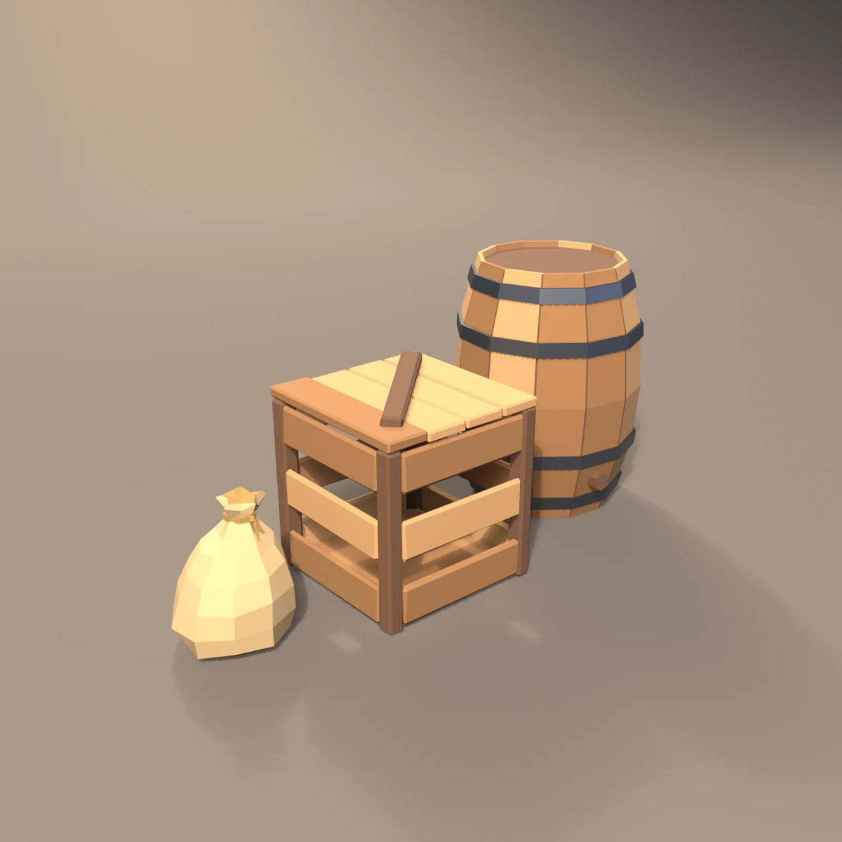 Slatted supply crate in a Hearth & Hollow setting with the oak ale barrel and grain sack (sold separately)