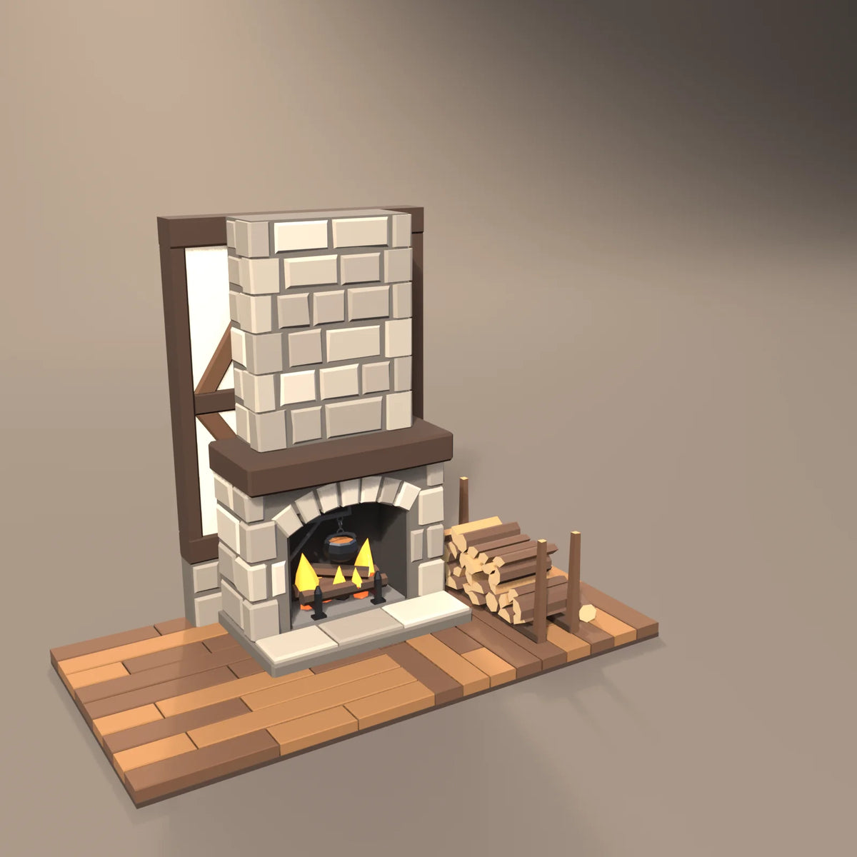 Stone hearth fireplace in a Hearth & Hollow setting with the firewood pile, plank floor tile and timber-frame wall (sold separately)