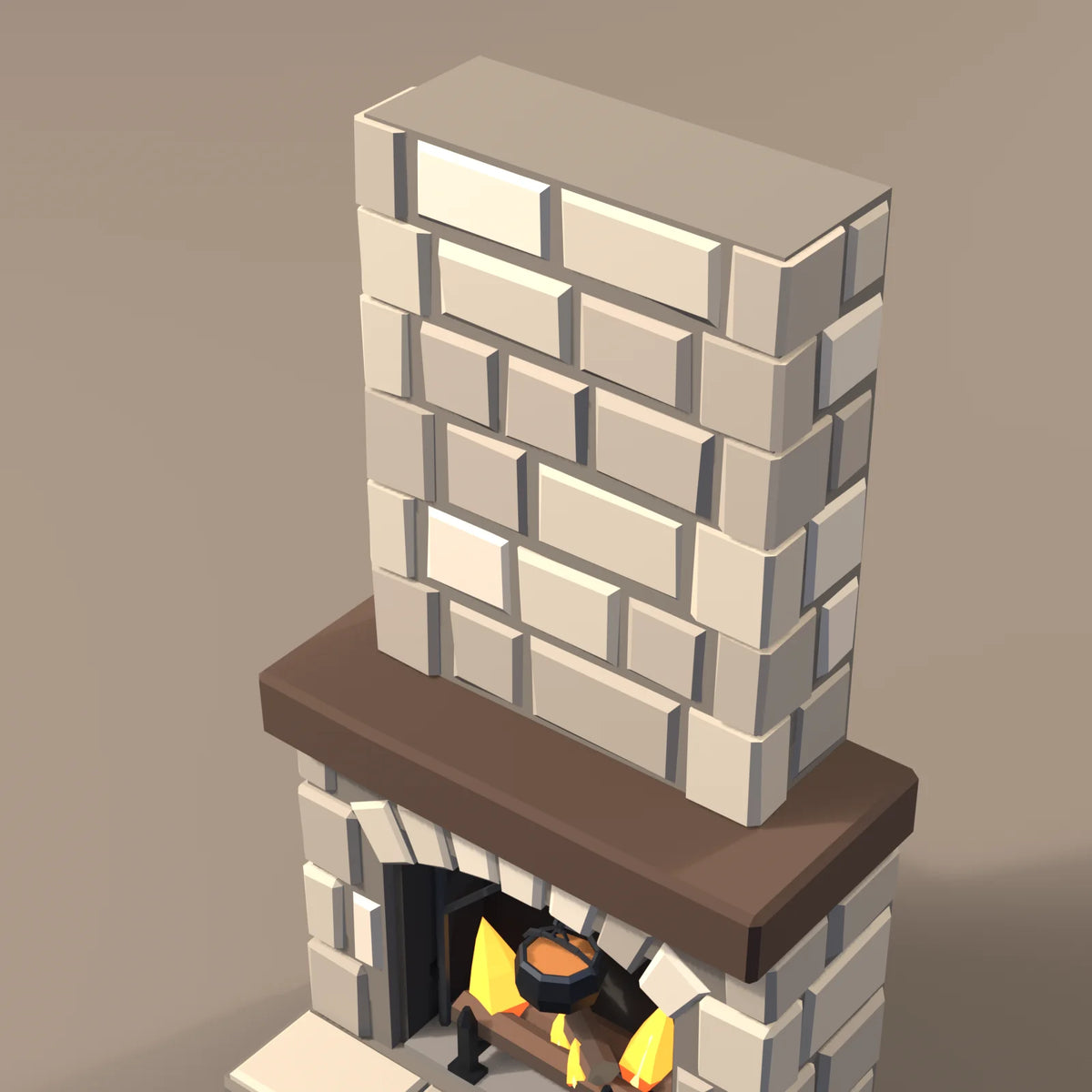 Stone hearth fireplace, close-up detail render