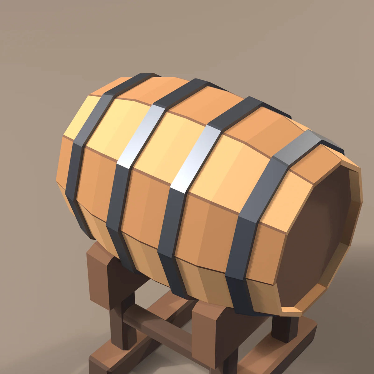 Tapped keg on cradle, close-up detail render