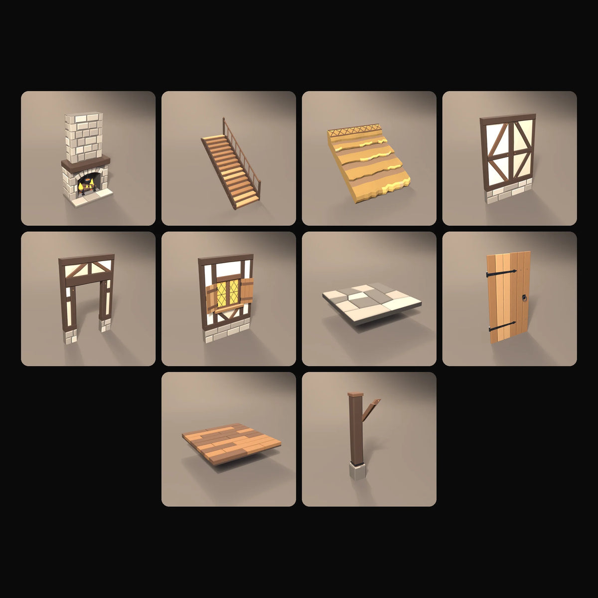 Timber Tavern Building Kit: studio renders of the 10 included assets