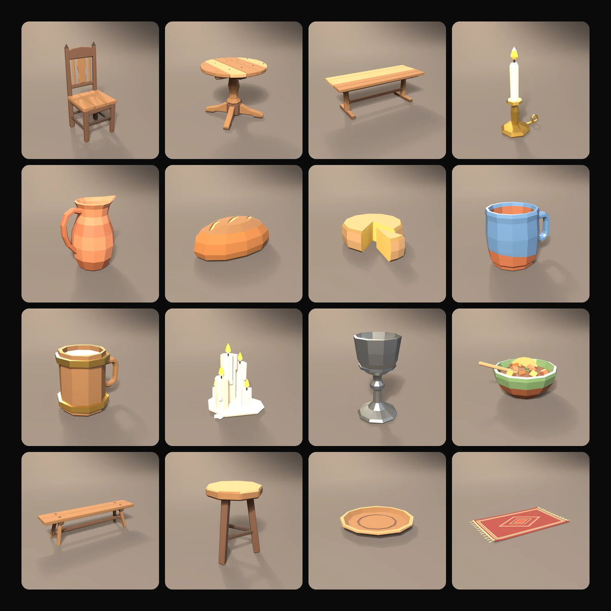 Feast Table Kit: studio renders of the 16 included assets