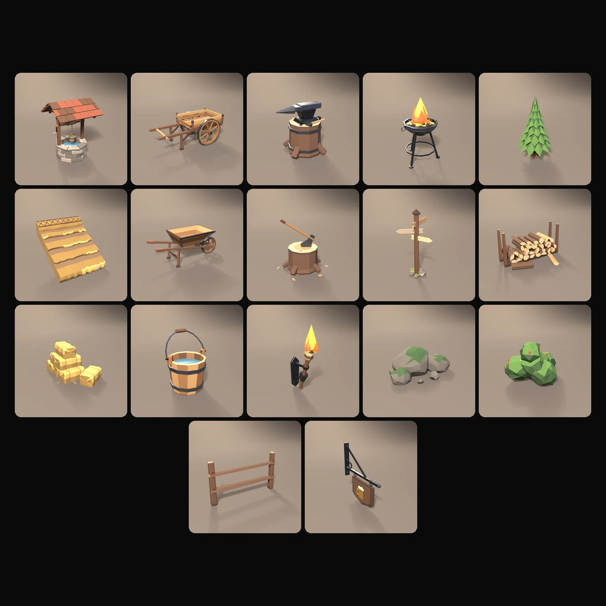 Village Yard Kit: studio renders of the 17 included assets