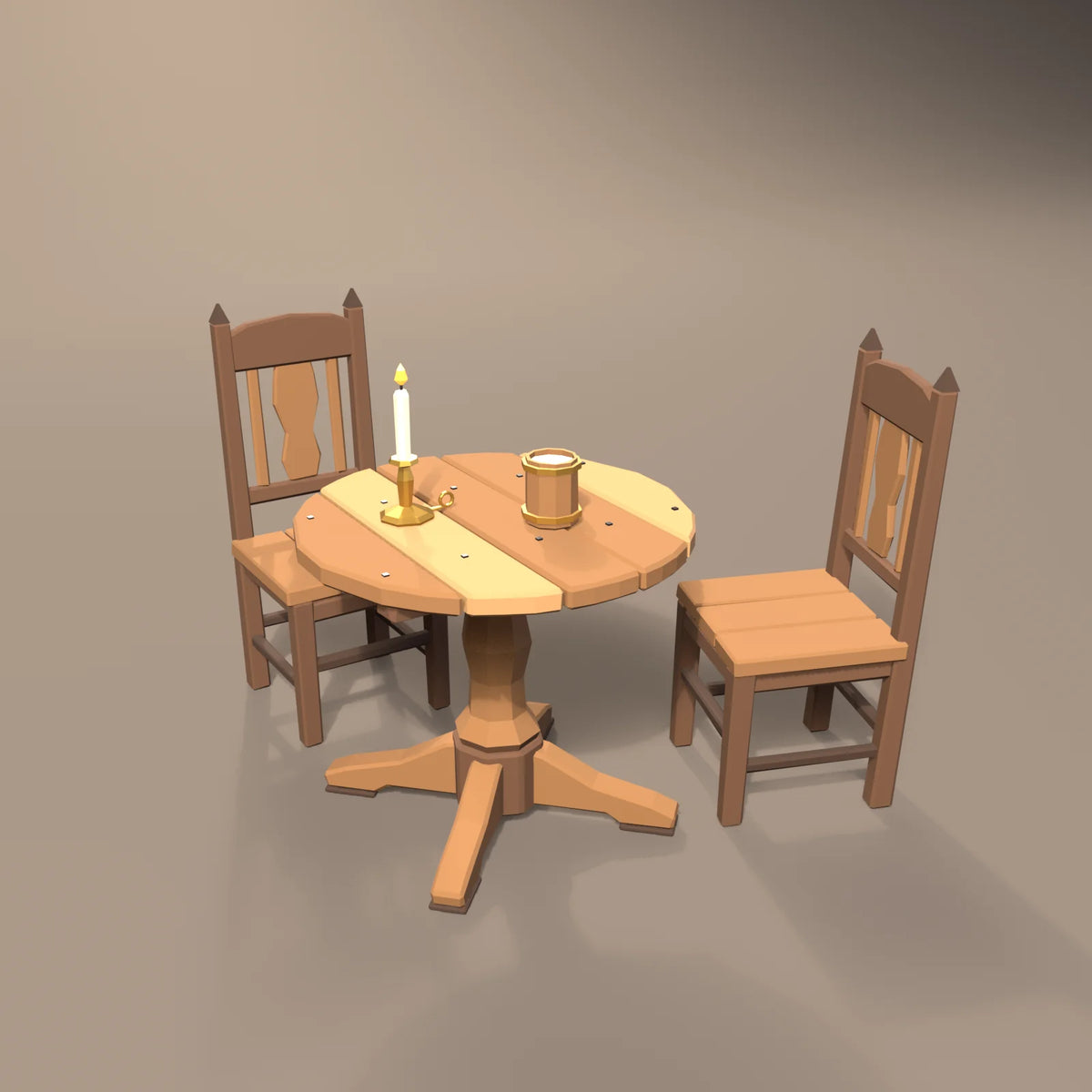 Round pedestal table in a Hearth & Hollow setting with the brass candlestick, high-back tavern chair and hooped wooden tankard (sold separately)