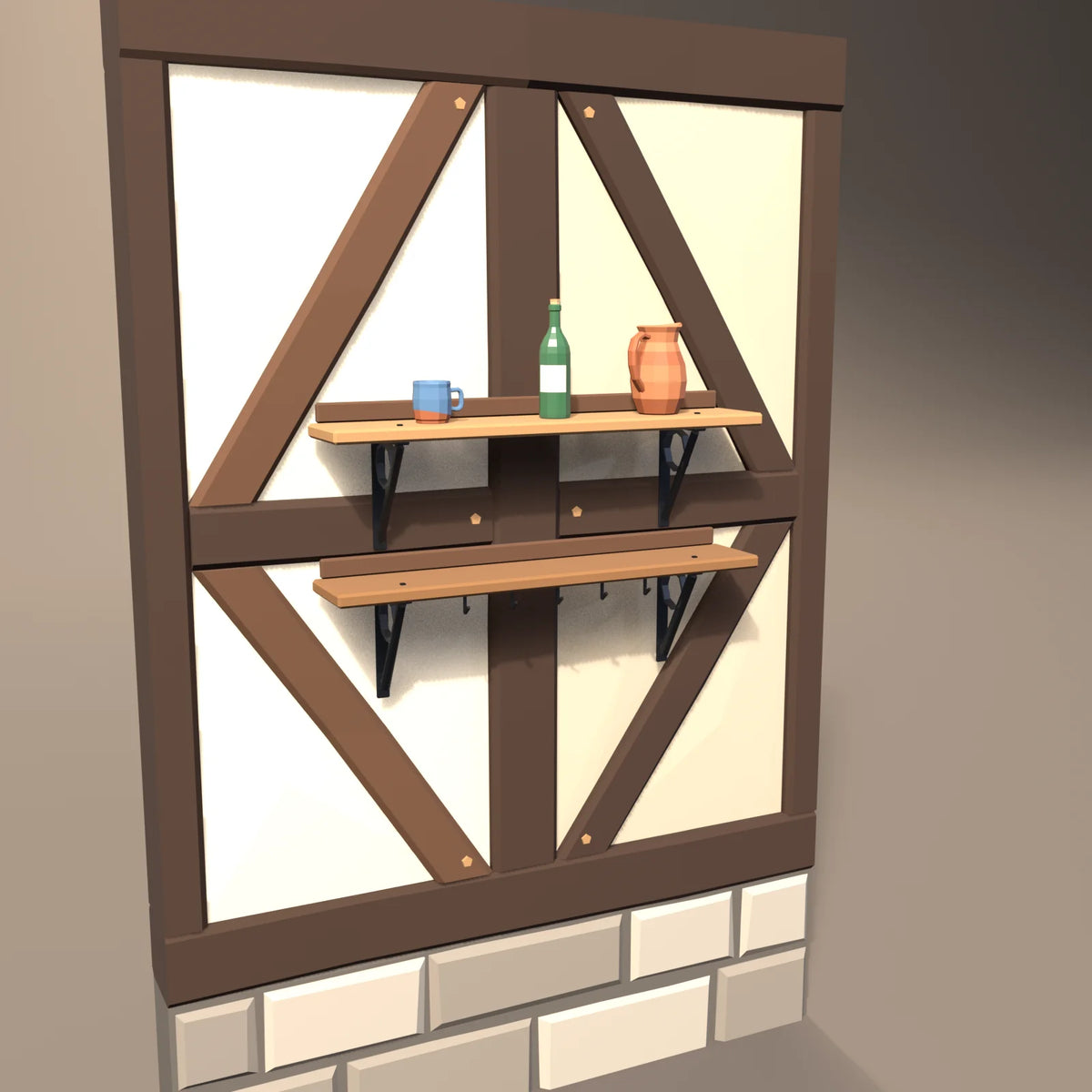 Bracketed wall shelf in a Hearth & Hollow setting with the glazed clay mug, clay pitcher, timber-frame wall and green glass wine bottle (sold separately)