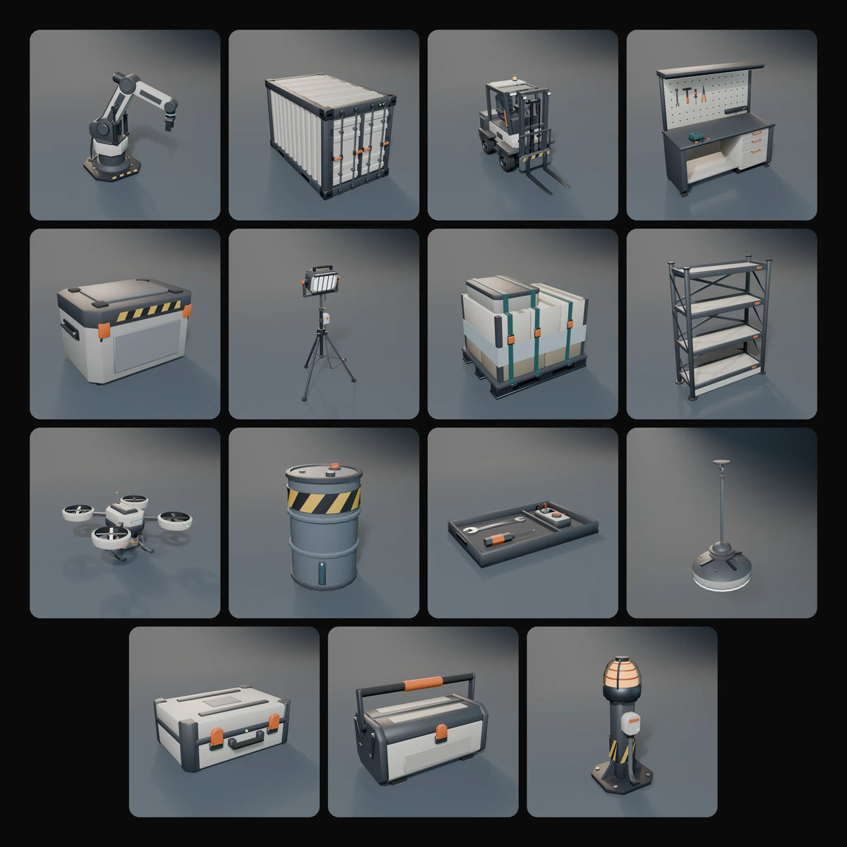 Cargo Bay Kit: studio renders of the 15 included assets