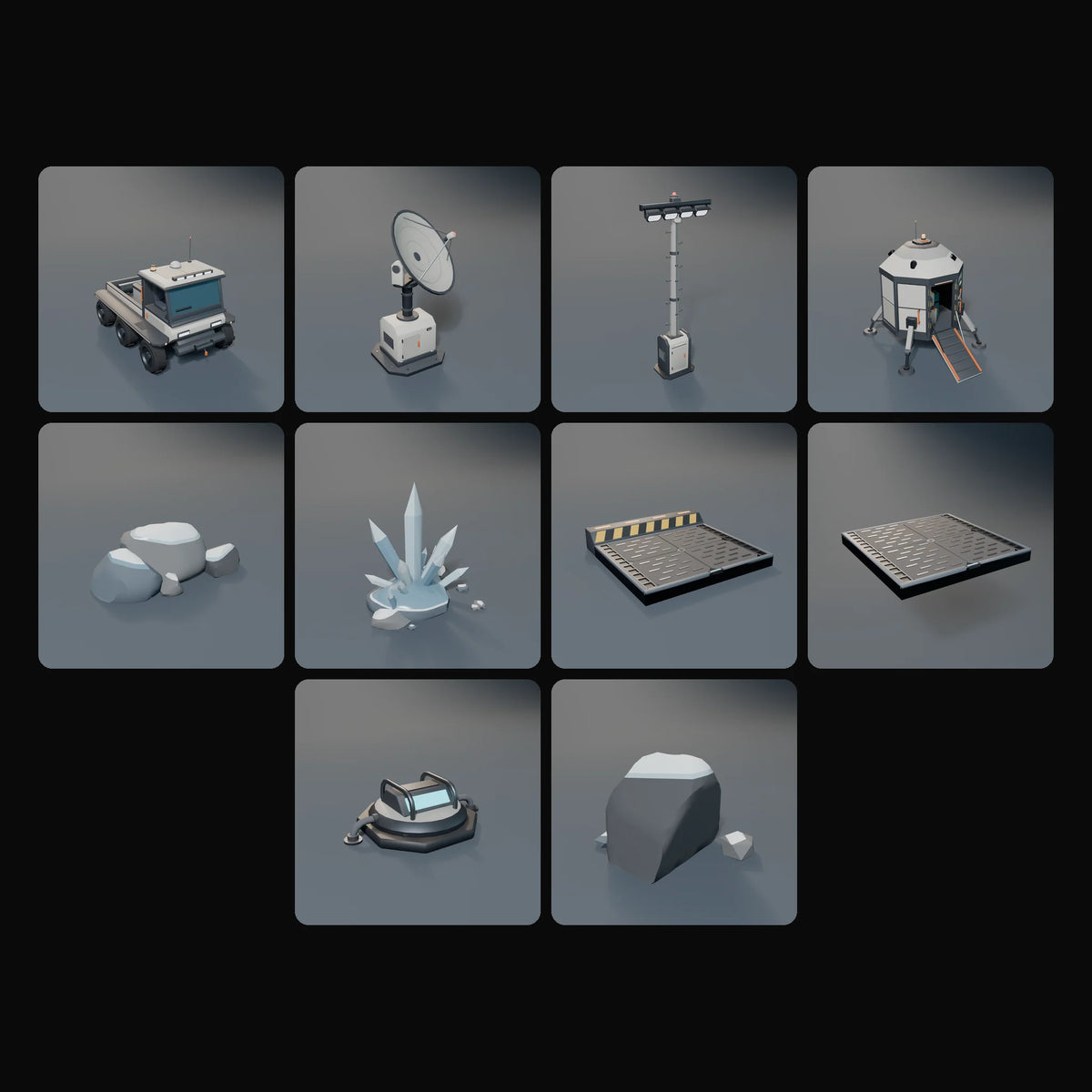 Landing Pad Kit: studio renders of the 10 included assets