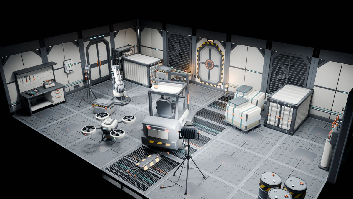 Cargo Bay scene from Kestrel Station, wide view (render of the delivered scene)