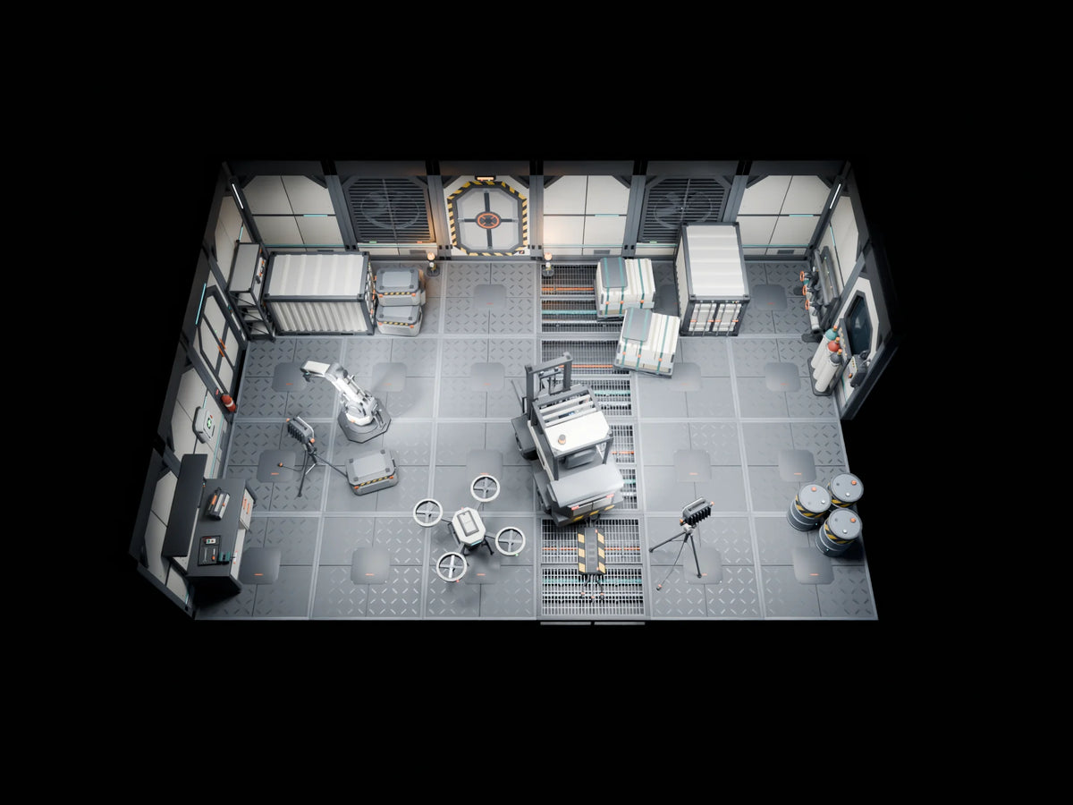 Cargo Bay scene from Kestrel Station, overview from above (render of the delivered scene)