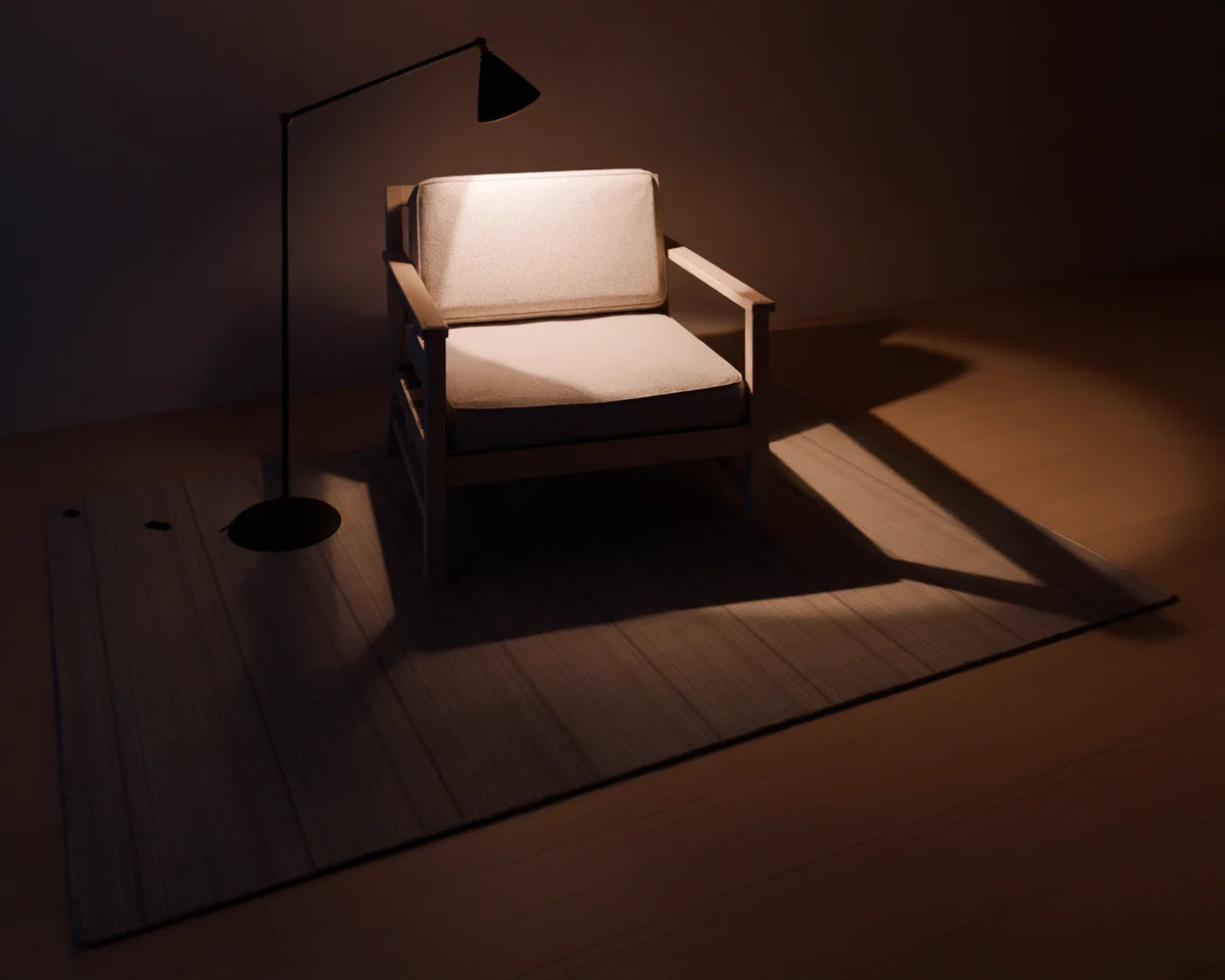 Adjustable Reading Floor Lamp styled in a Linden House room with the lounge armchair and flatweave wool rug (sold separately)