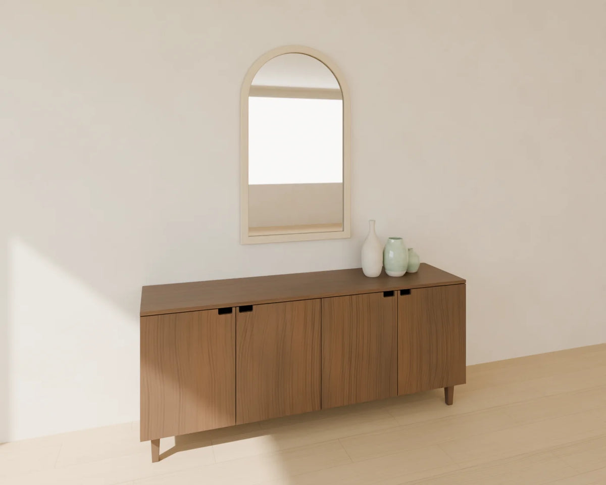 Arched Wall Mirror styled in a Linden House room with the sideboard and ceramic vase trio (sold separately)