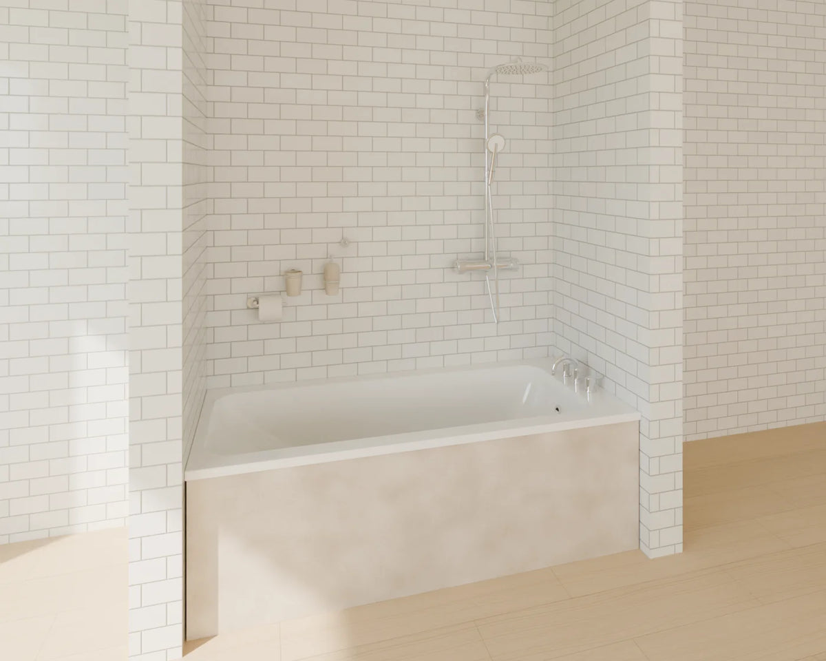 Built-in Bathtub styled in a Linden House room with the thermostatic shower set and bathroom accessories set (sold separately)