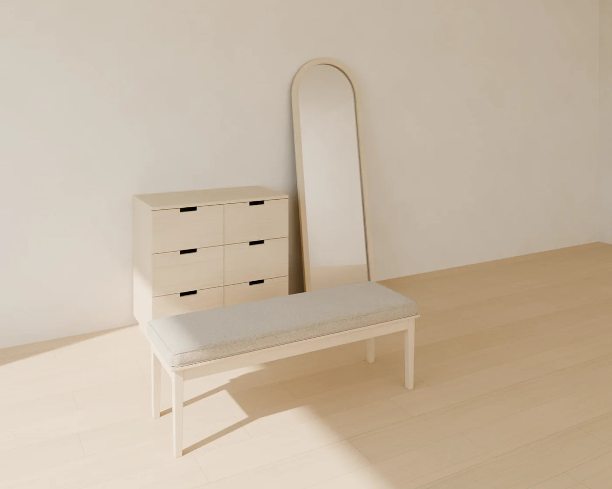 Chest of Drawers styled in a Linden House room with the leaning floor mirror and end-of-bed bench (sold separately)