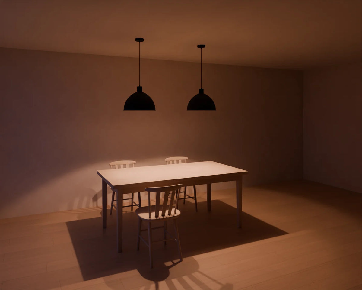 Dome Pendant styled in a Linden House room with the rectangular dining table and wood dining chair (sold separately)