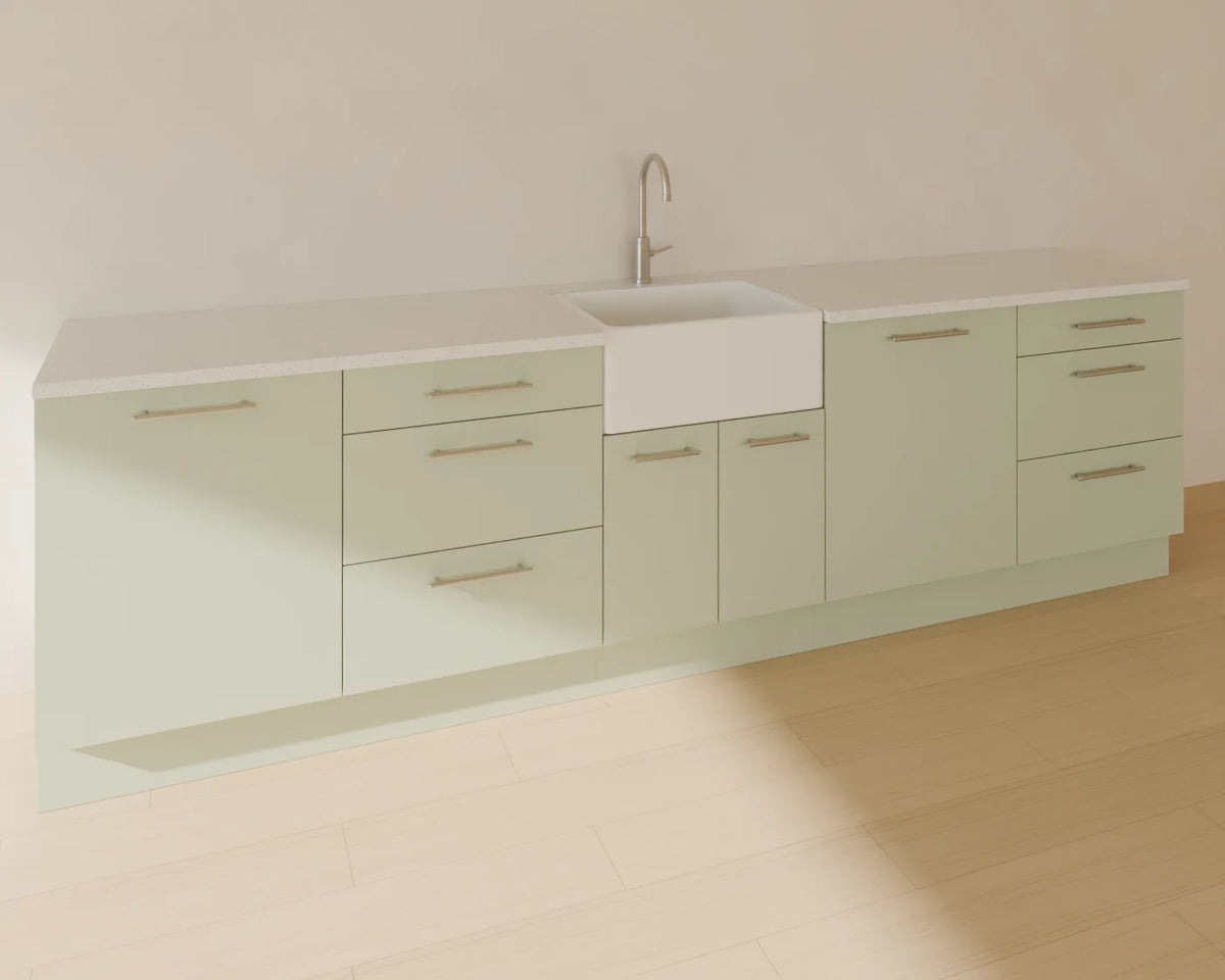 Ceramic Farmhouse Sink styled in a Linden House room with the sink base cabinet, base drawer cabinet, base door cabinet, worktop run and kitchen mixer tap (sold separately)