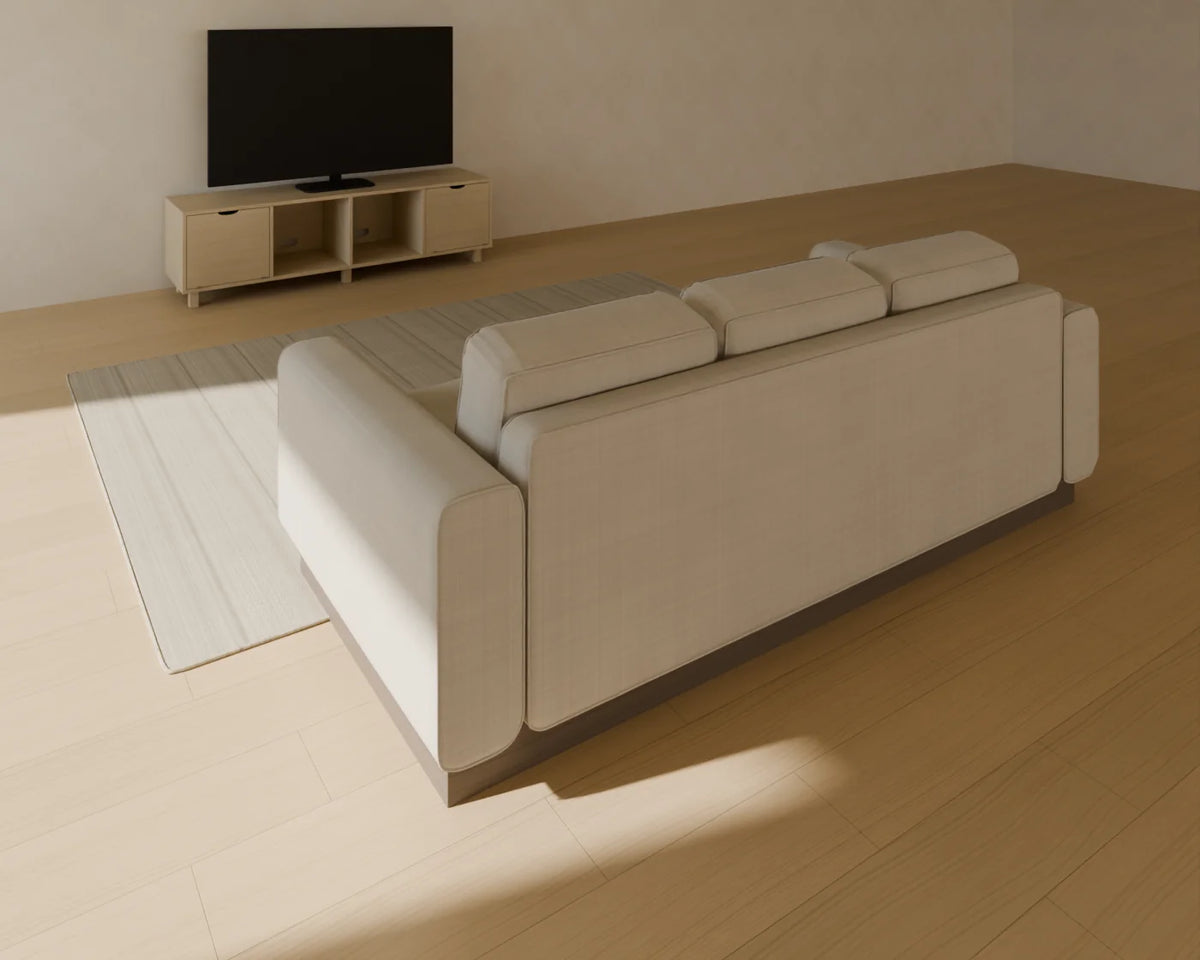 Flat-Screen TV styled in a Linden House room with the low media unit, sockets and switches set, three-seat sofa and flatweave wool rug (sold separately)