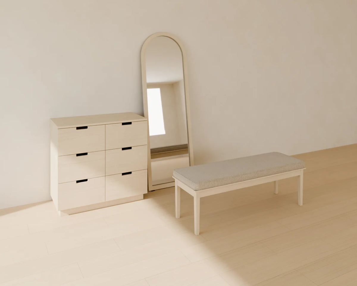 Leaning Floor Mirror styled in a Linden House room with the chest of drawers and end-of-bed bench (sold separately)