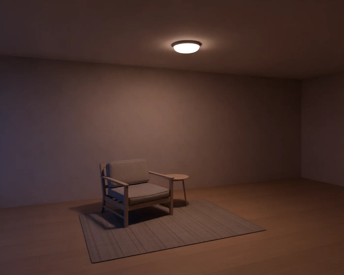 Flush Ceiling Light styled in a Linden House room with the lounge armchair, round side table and flatweave wool rug (sold separately)