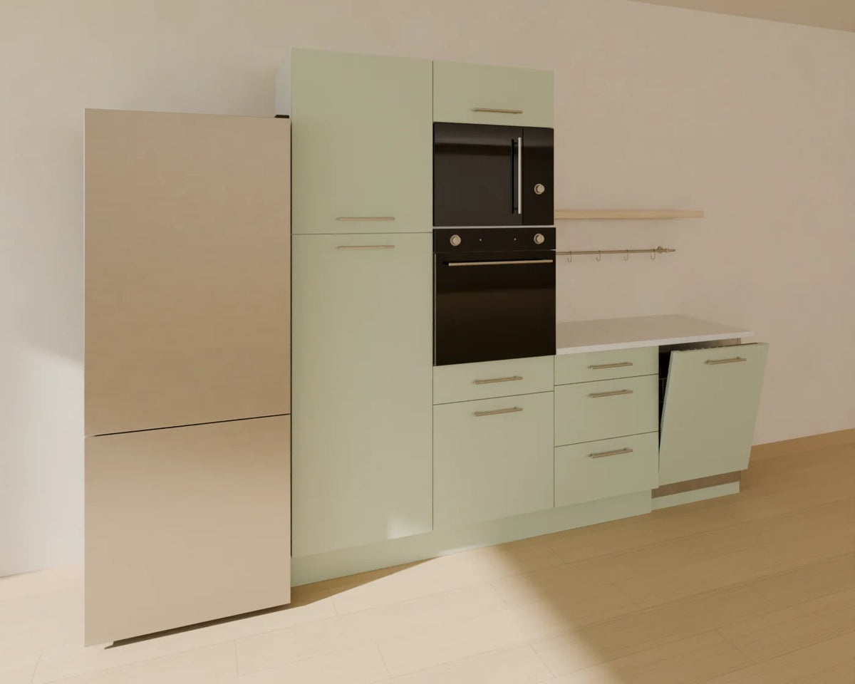 Integrated Dishwasher styled in a Linden House room with the freestanding fridge-freezer, tall larder cabinet, tall oven tower, base drawer cabinet, worktop run and open kitchen shelf (sold separately)