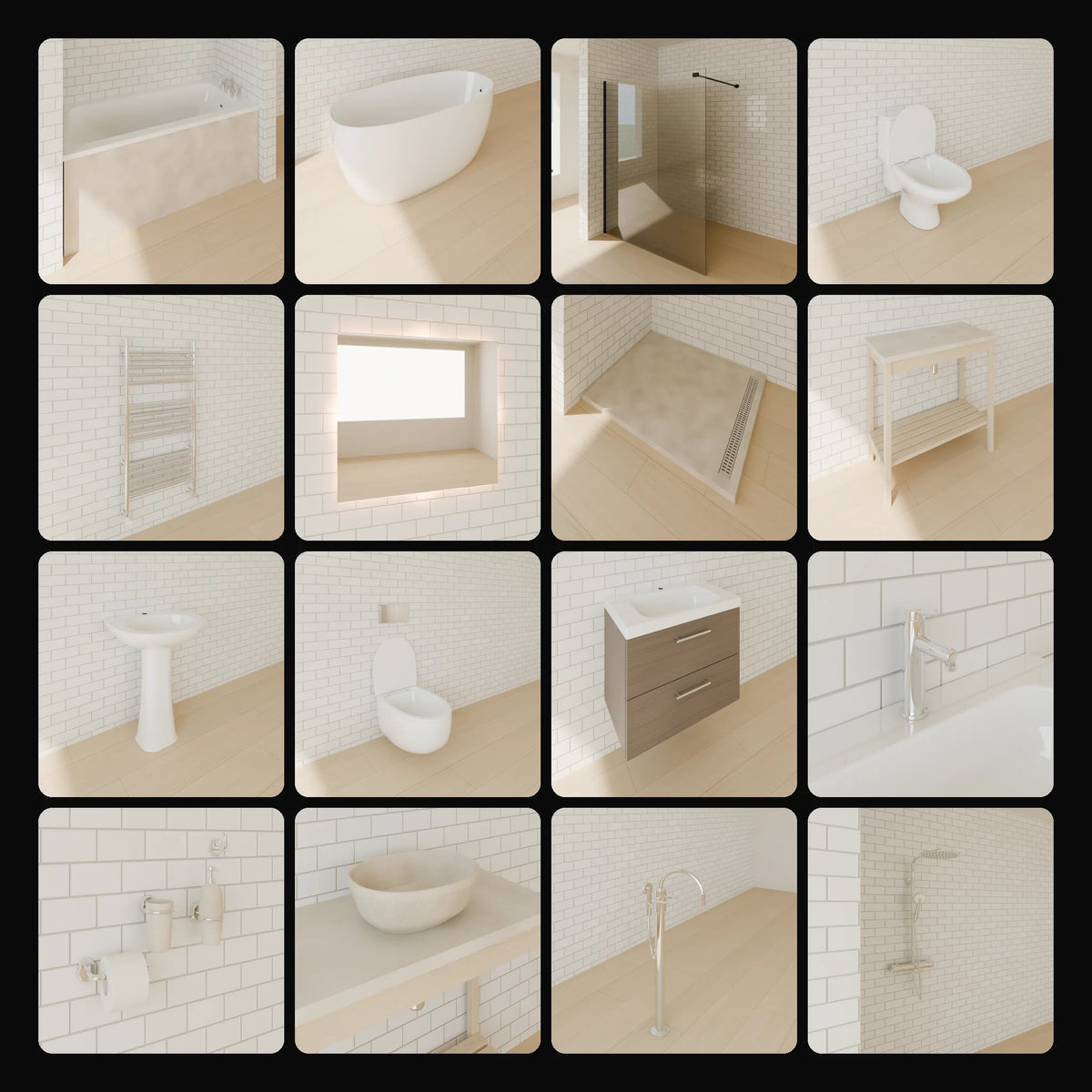 Bathroom Kit: studio renders of the 16 included assets