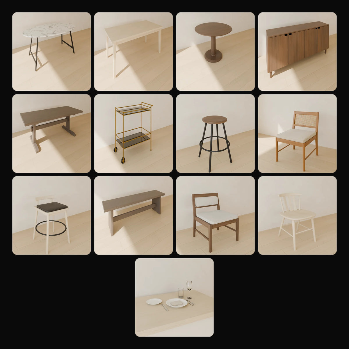 Dining Tables & Chairs Kit: studio renders of the 13 included assets