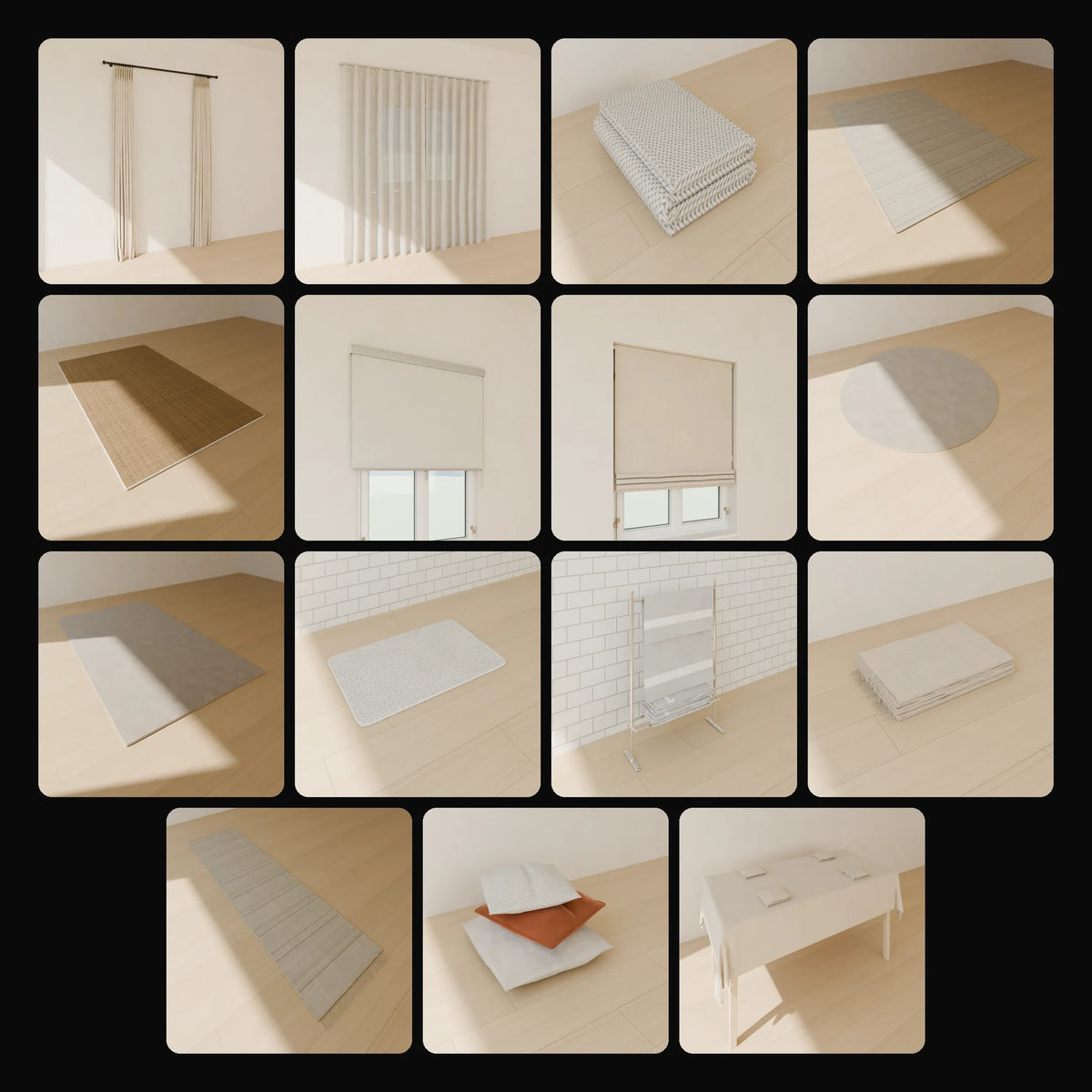 Soft Furnishings Kit: studio renders of the 15 included assets