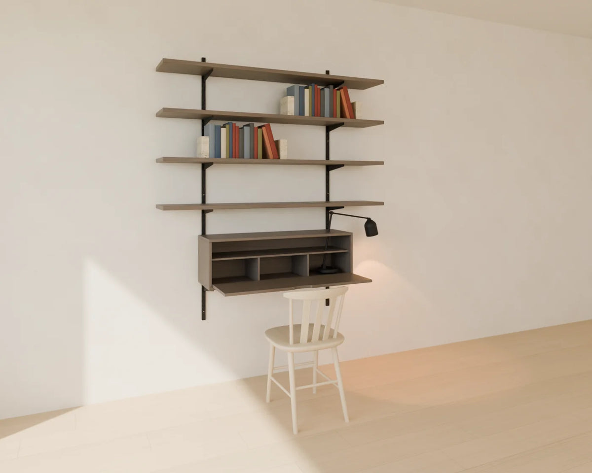 Modular Wall Shelving styled in a Linden House room with the book row, wood dining chair and desk task lamp (sold separately)
