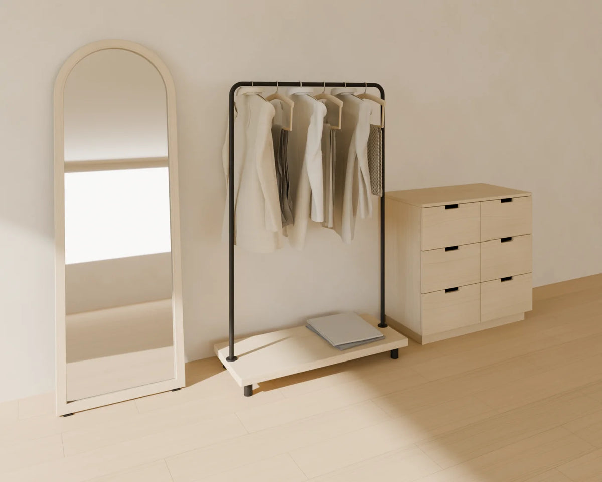 Open Clothes Rail styled in a Linden House room with the chest of drawers and leaning floor mirror (sold separately)