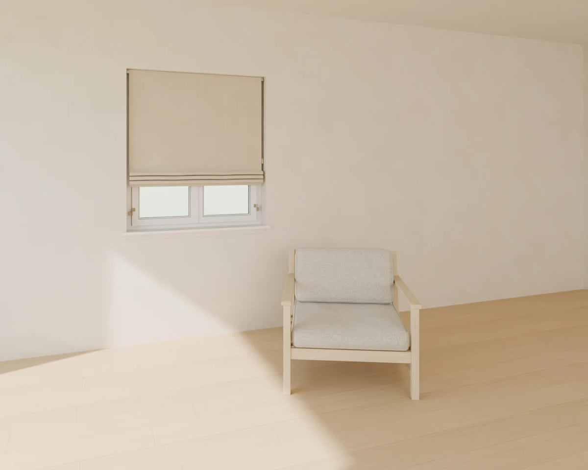Roman Blind styled in a Linden House room with the casement window and lounge armchair (sold separately)