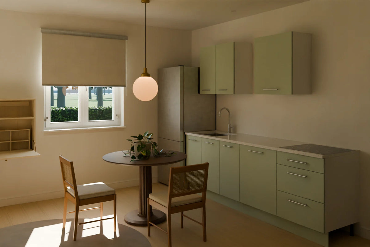 Compact Studio Apartment scene from Linden House, wide view (render of the delivered scene)