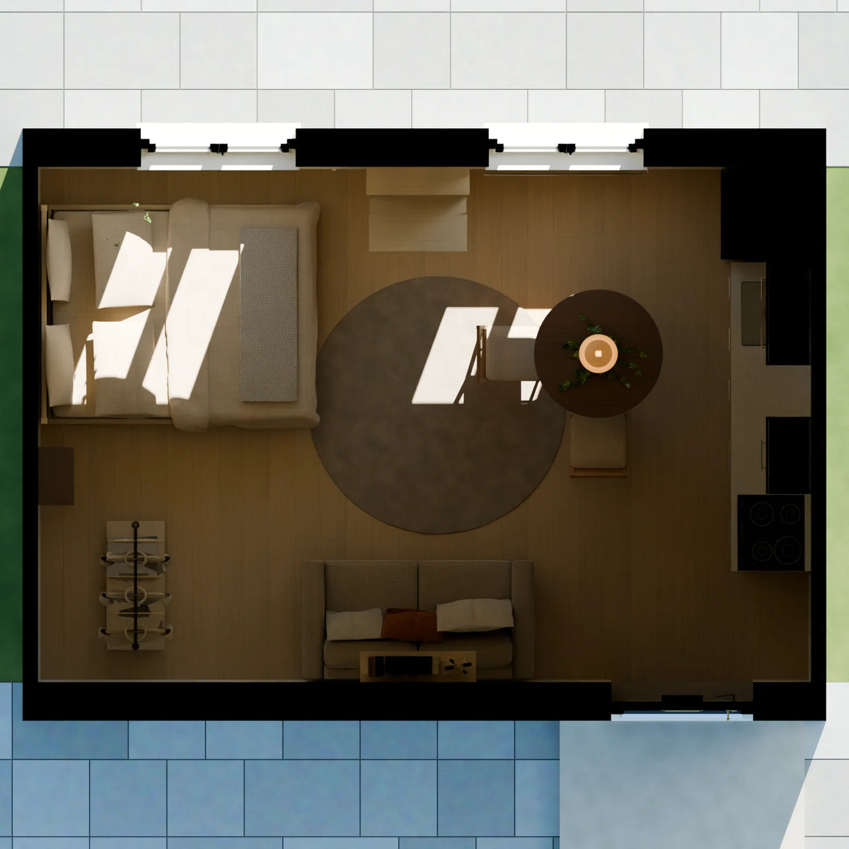 Compact Studio Apartment scene from Linden House, floor plan view (render of the delivered scene)