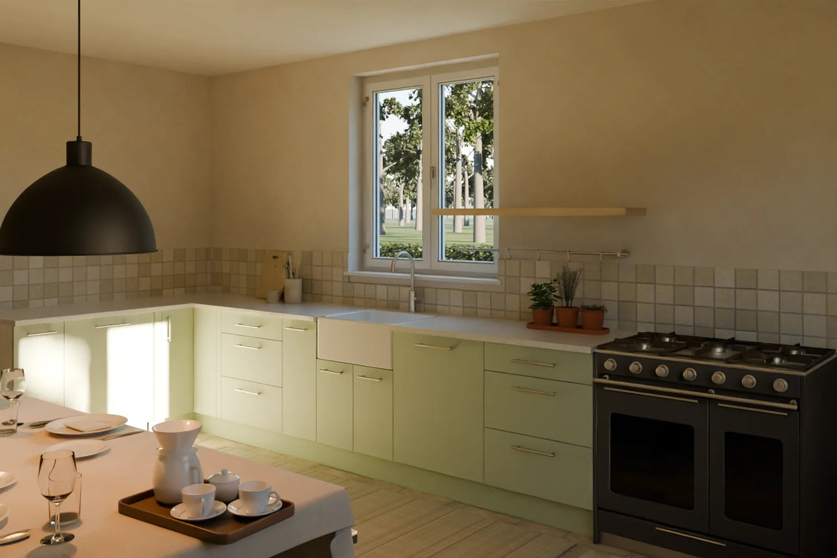 Country Kitchen scene from Linden House, wide view (render of the delivered scene)