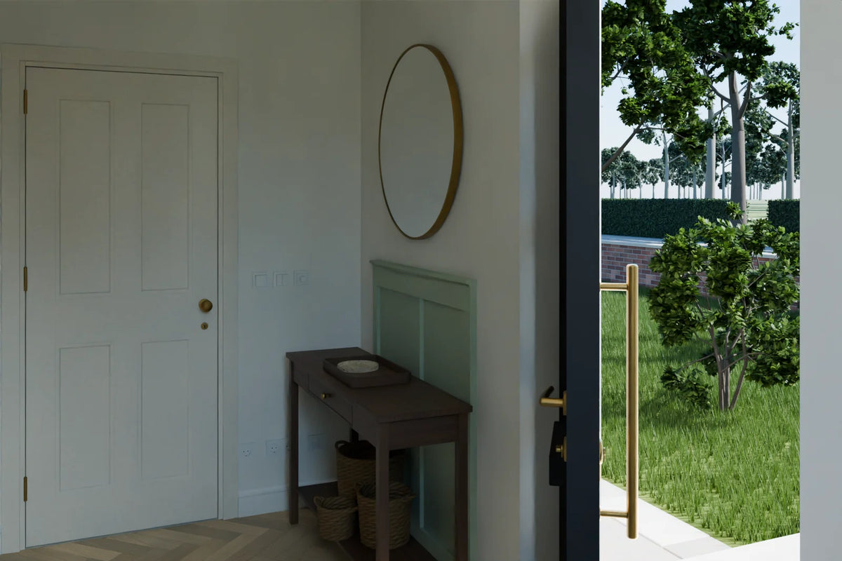 Entry Hall and Stair scene from Linden House, wide view (render of the delivered scene)
