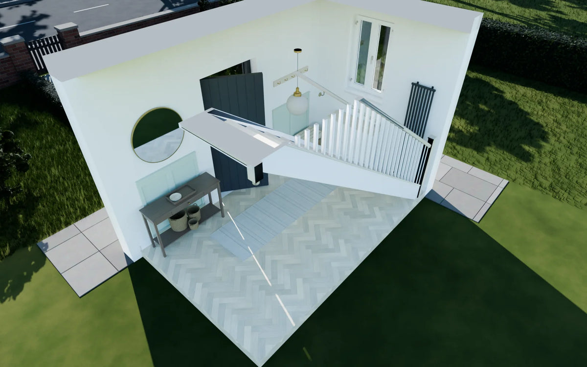 Entry Hall and Stair scene from Linden House, eye-level view (render of the delivered scene)