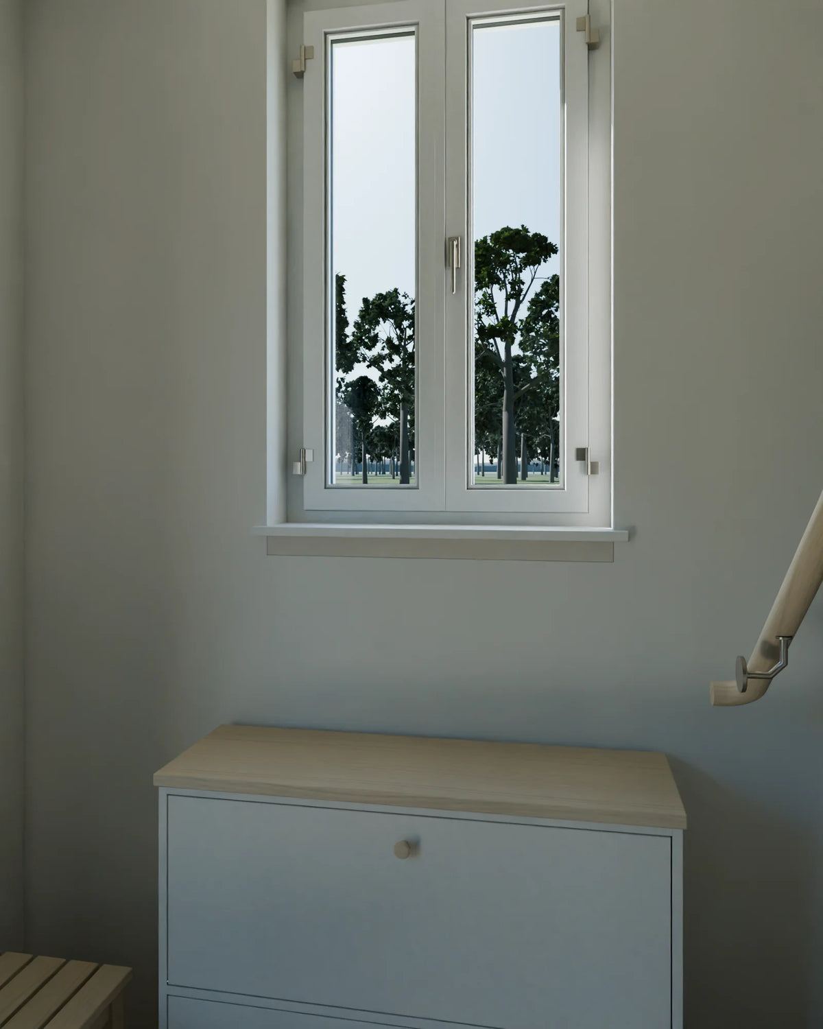 Entry Hall and Stair scene from Linden House, portrait view (render of the delivered scene)