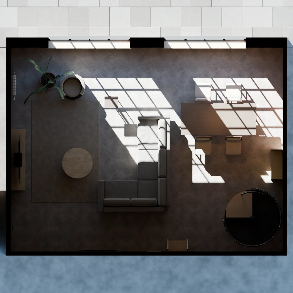 Industrial Loft scene from Linden House, floor plan view (render of the delivered scene)