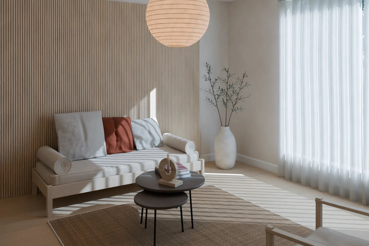 Japandi Living Room scene from Linden House, wide view (render of the delivered scene)